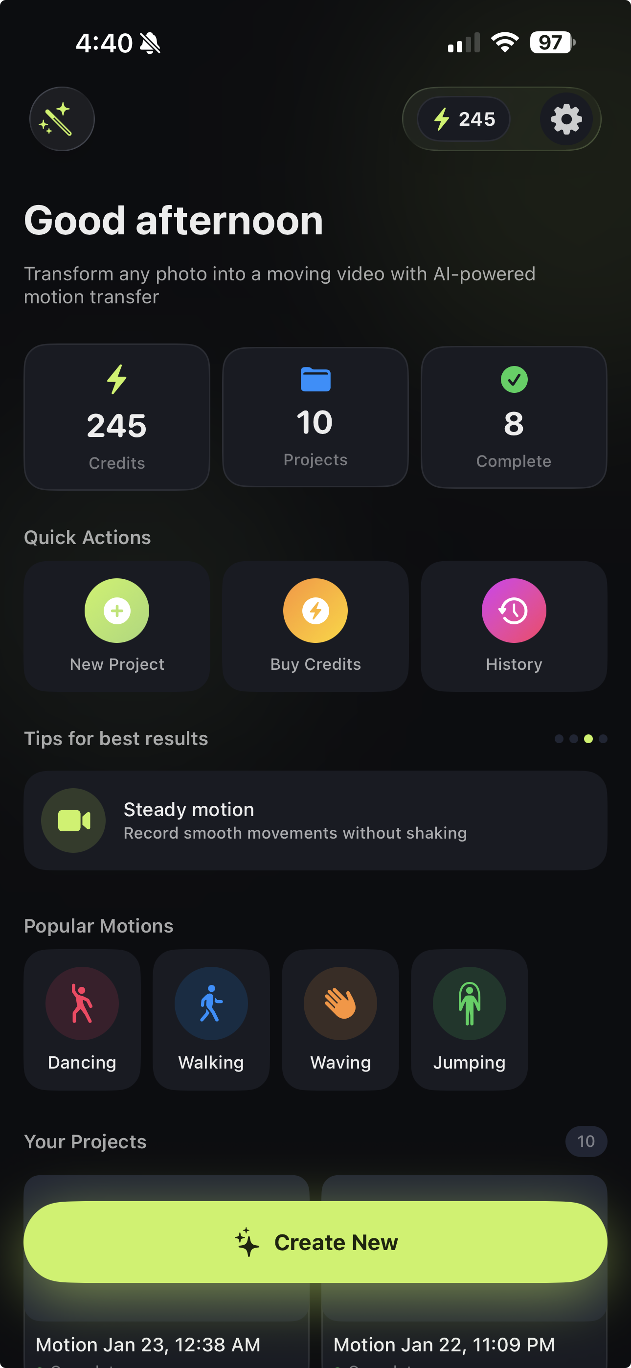 TryMotion App Screenshot - Character Selection